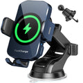 Deep blue wireless car charger mount with cradle, clamp arms, and LED power ring
