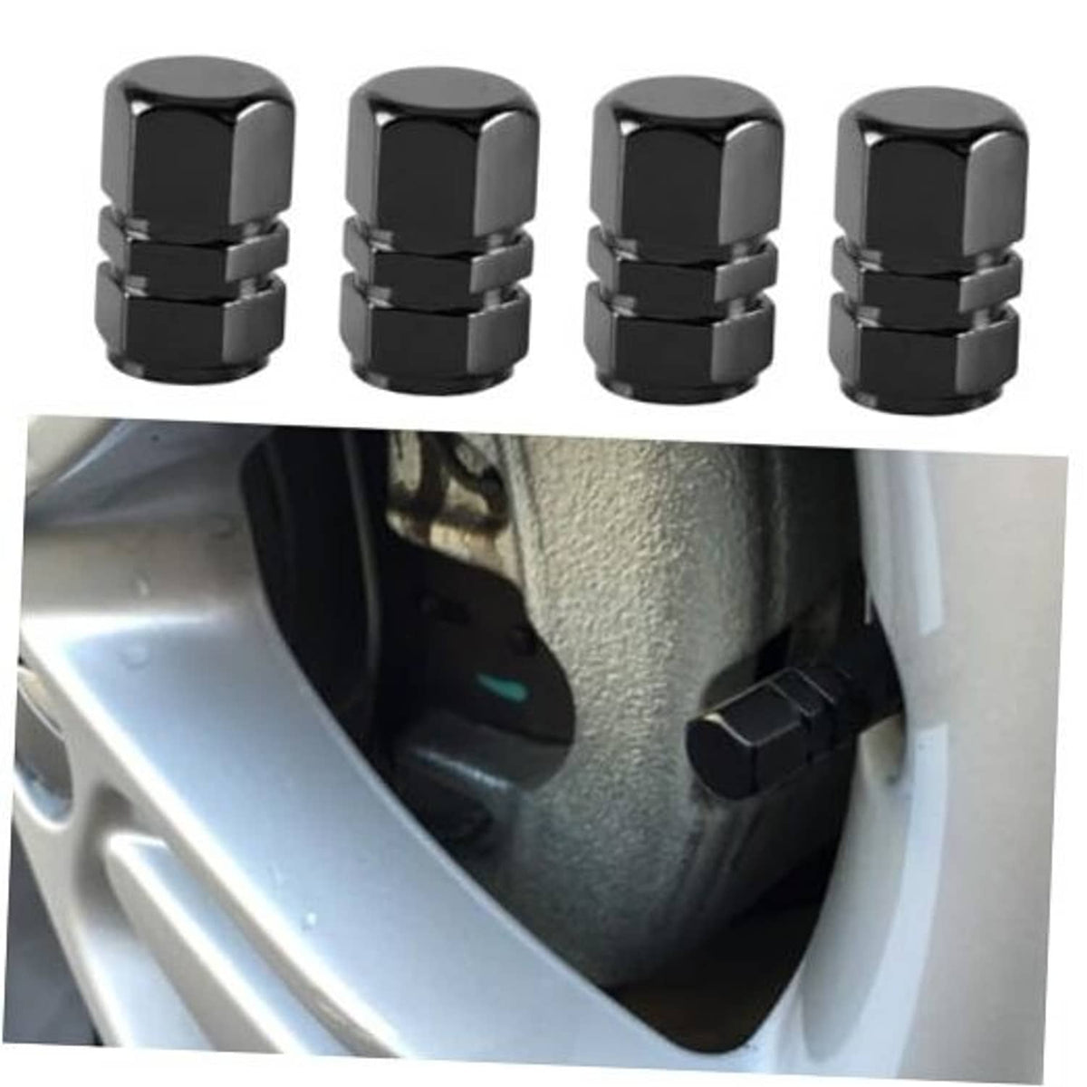 Set of four black hexagonal tire valve stem caps with ridged grip base.