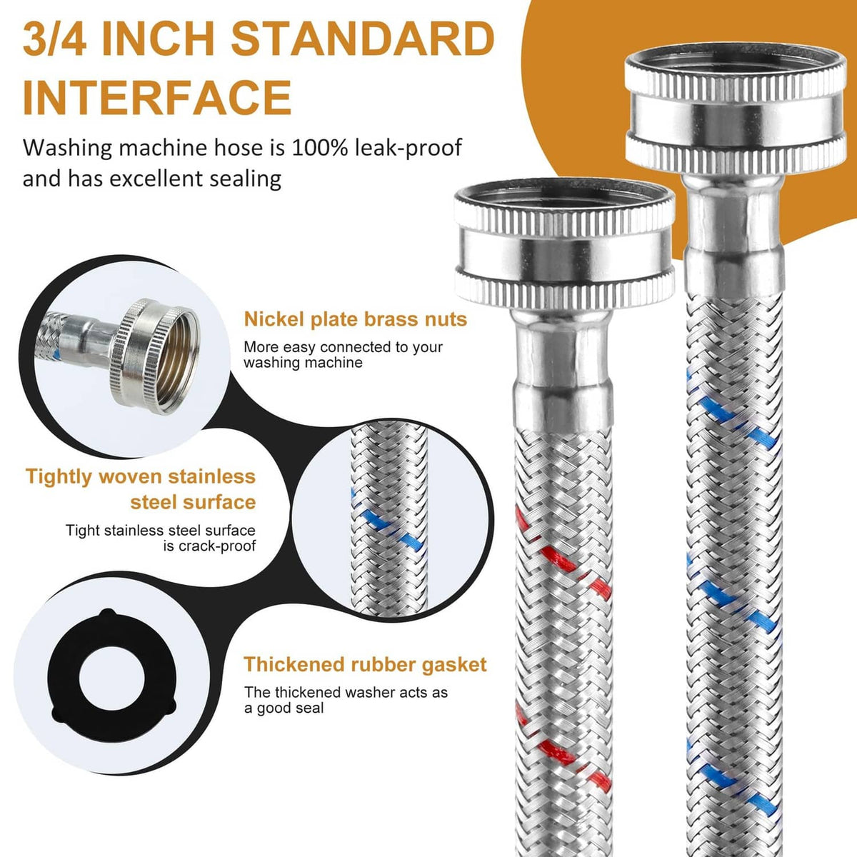 Stainless washing machine hose with braided body and metal threaded connectors