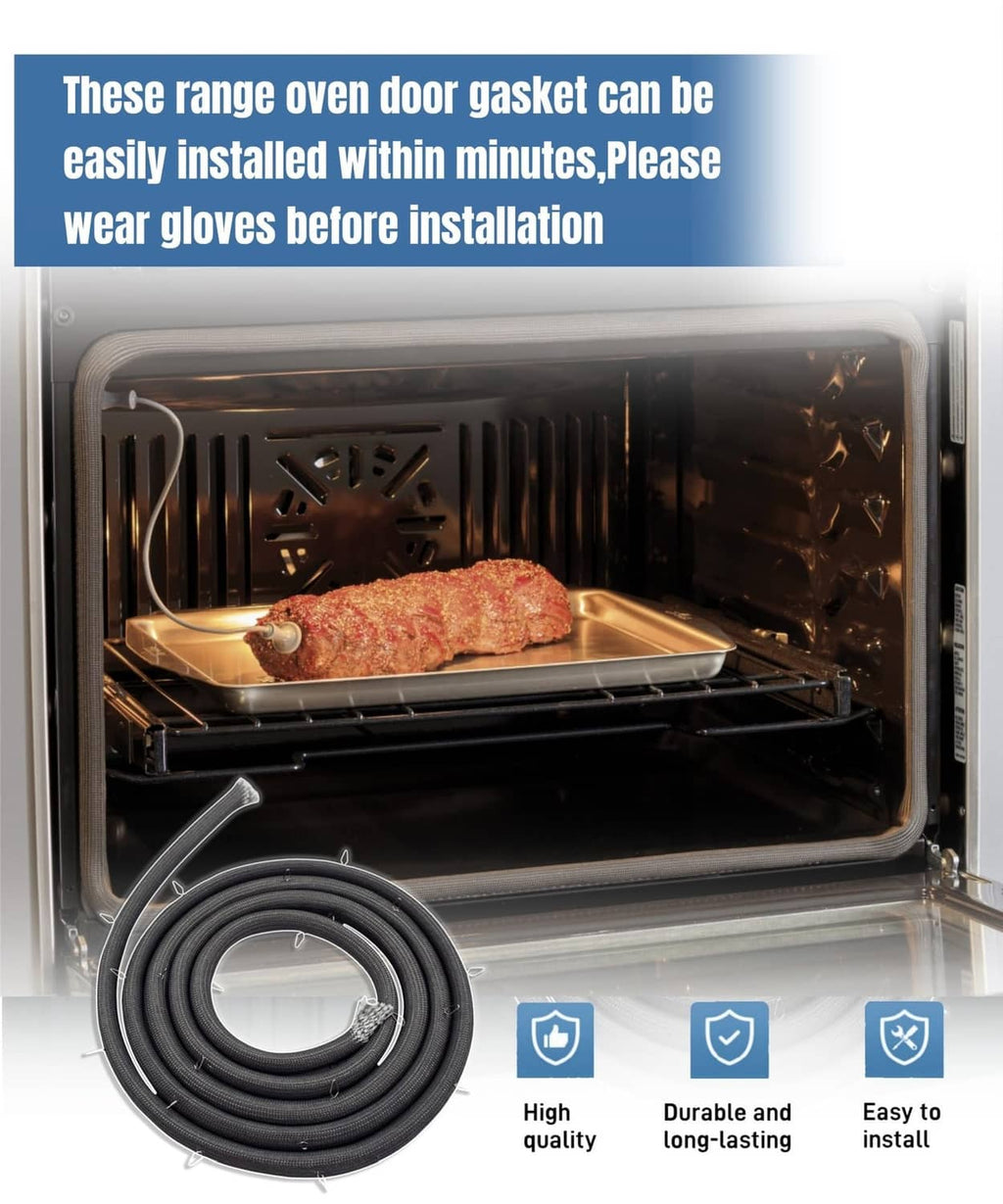 Black range oven door gasket coil with mounting clips, placed on open oven