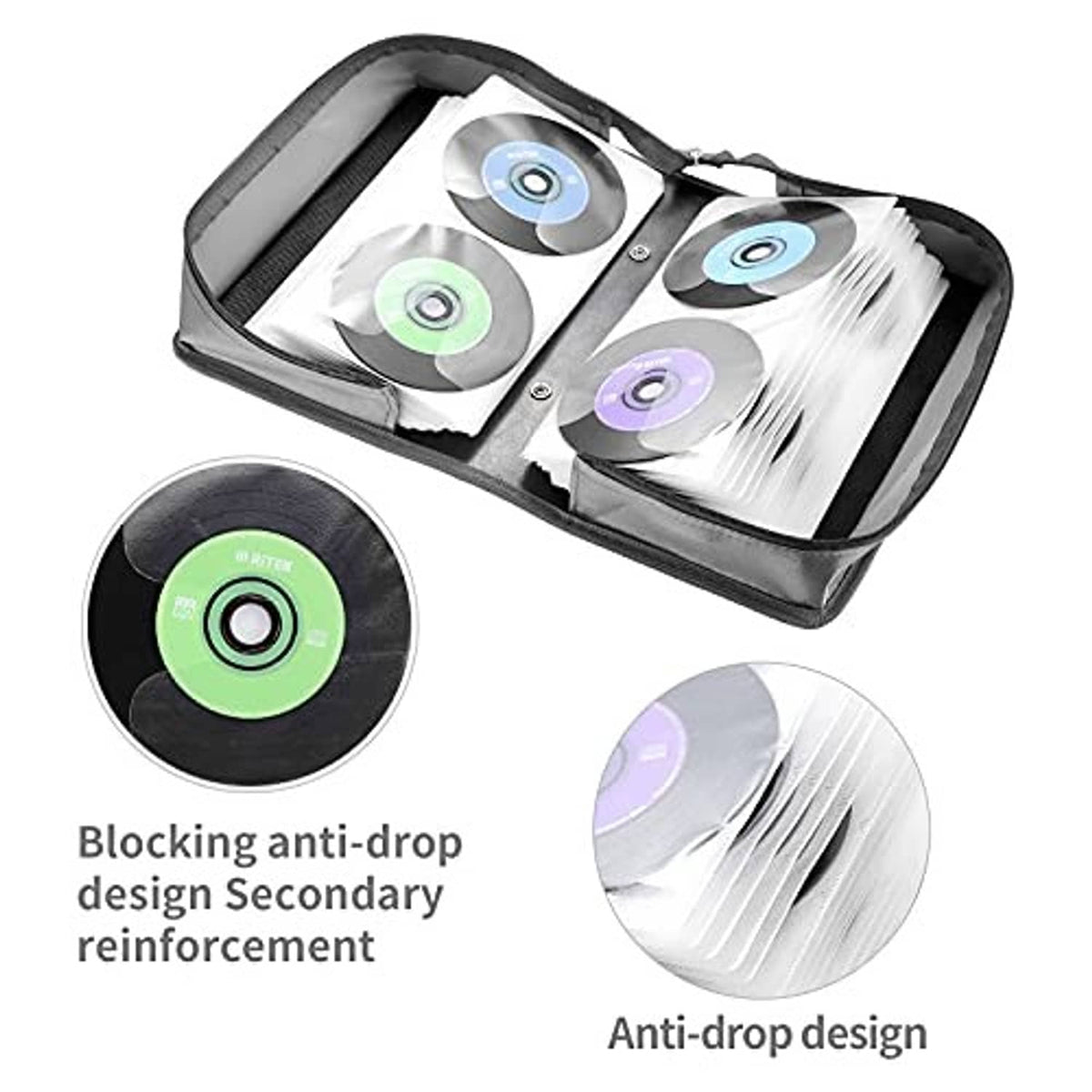 Grey nylon disc case opened with multiple CD slots and inner anti-drop protection