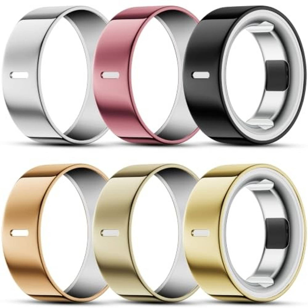 Ring cover set showing silver, rose pink, black, gold, champagne, and pale gold-toned bands