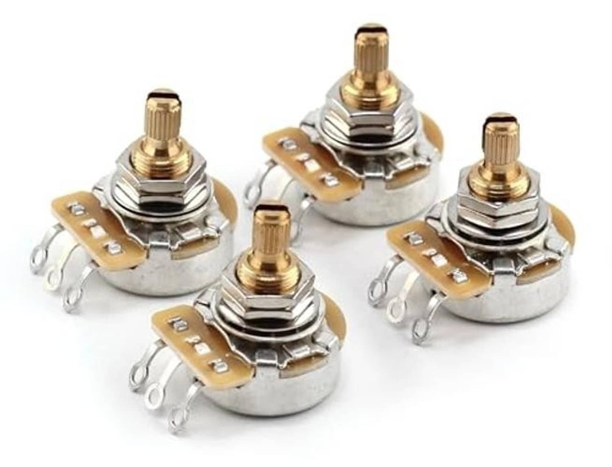 Guitar potentiometer set with gold threaded shaft and silver metal housing
