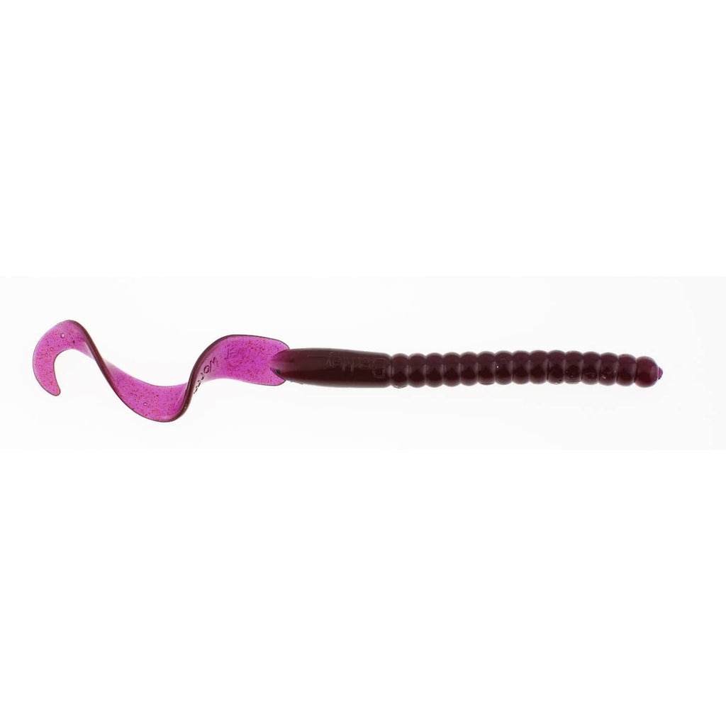Purple soft plastic curly-tail worm bait