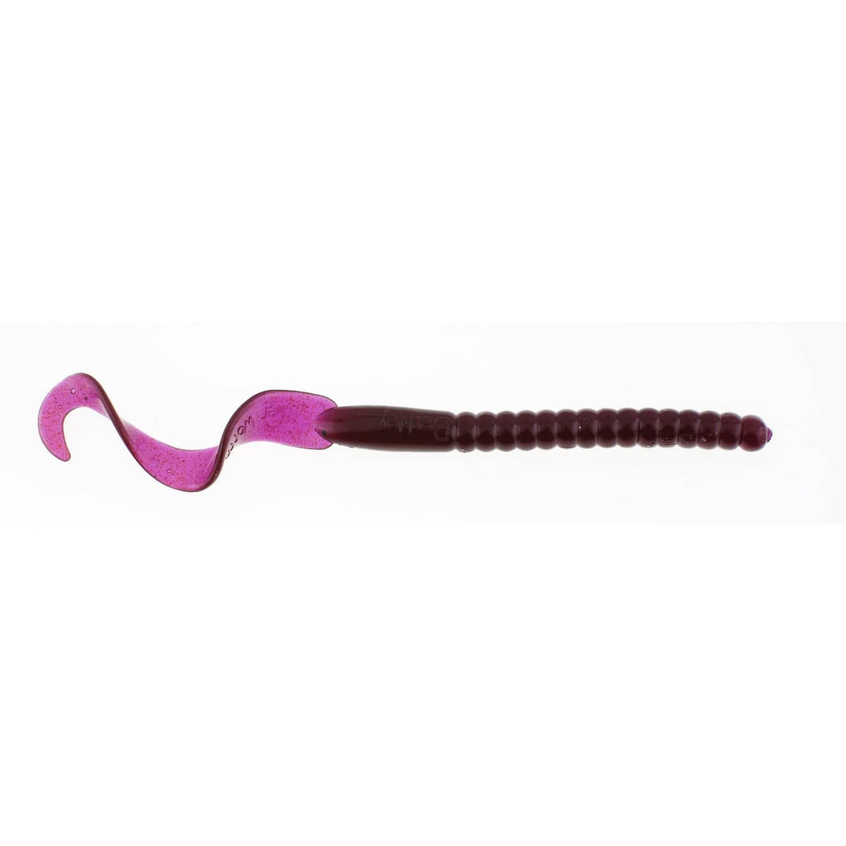 Purple soft plastic curly-tail worm bait
