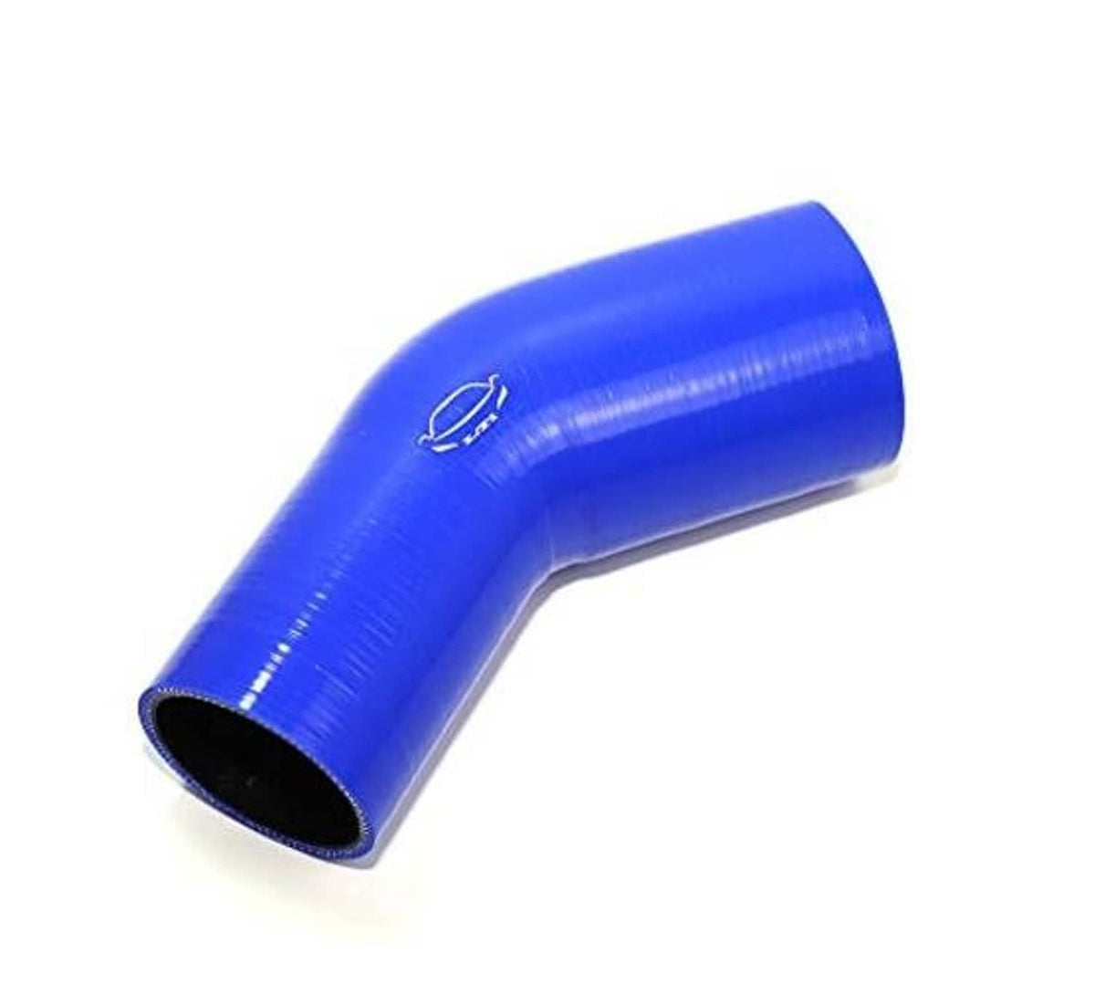 Blue 45-degree silicone elbow reducer coupler showing both black end openings