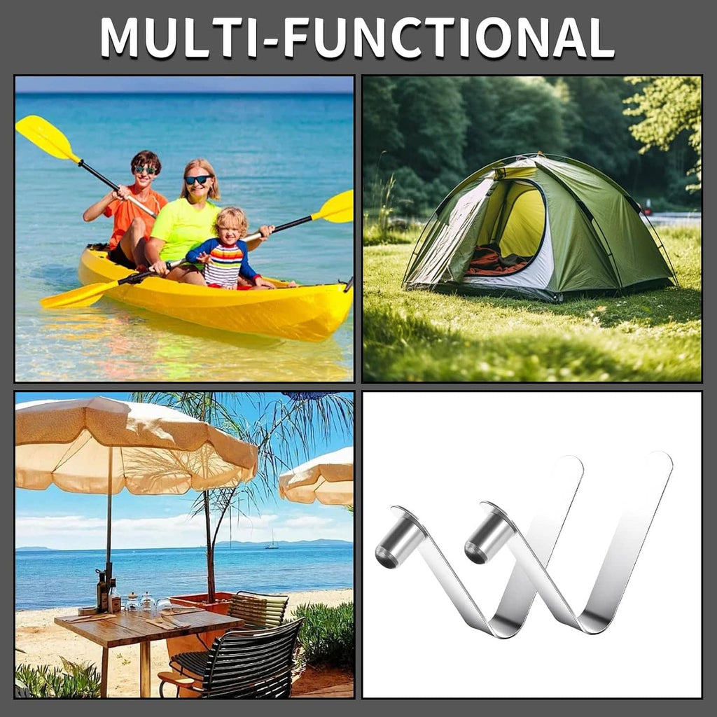 Stainless steel spring snap tent pole clips shown as a multi-use set