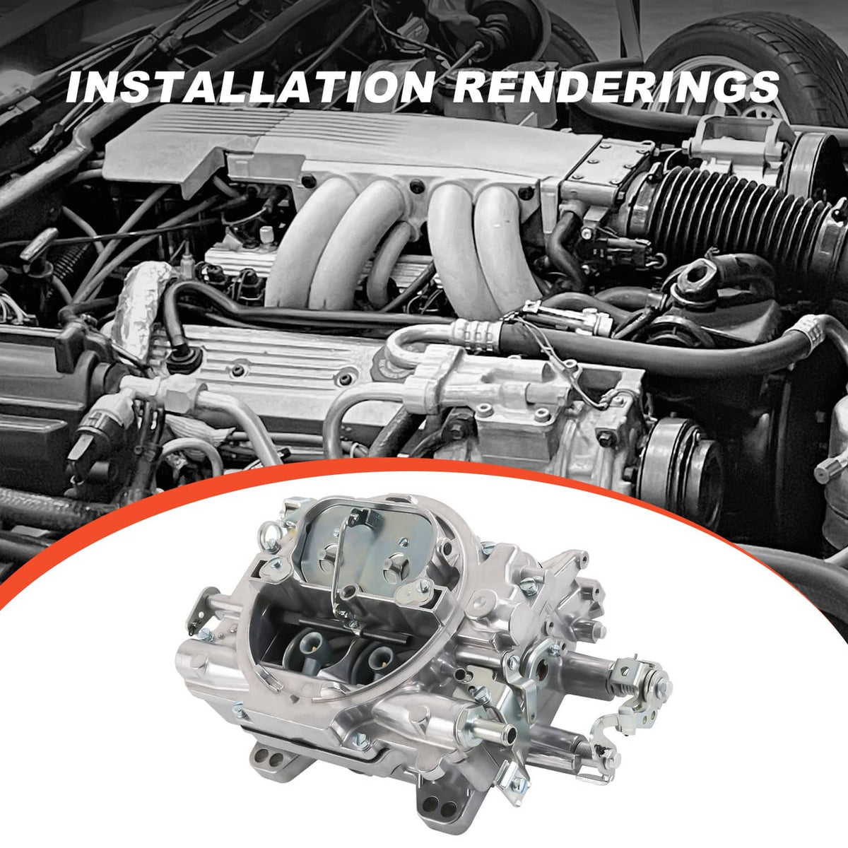 Carburetor installed in engine bay with intake manifold and connected hoses