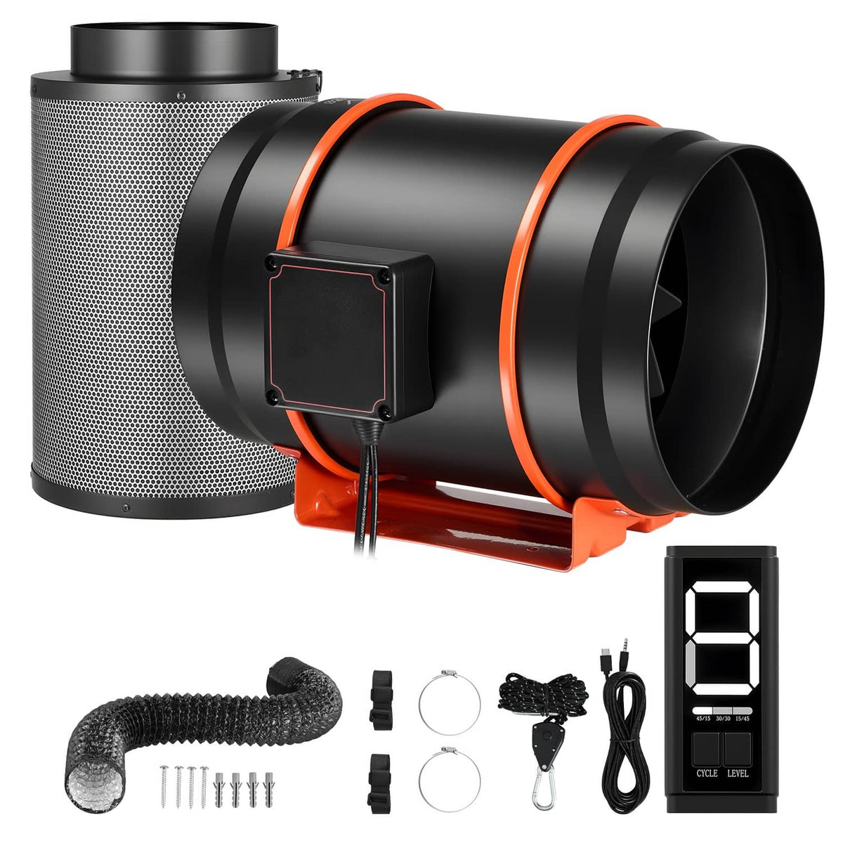 Inline duct fan with charcoal filter canister, duct hose, and speed controller accessories