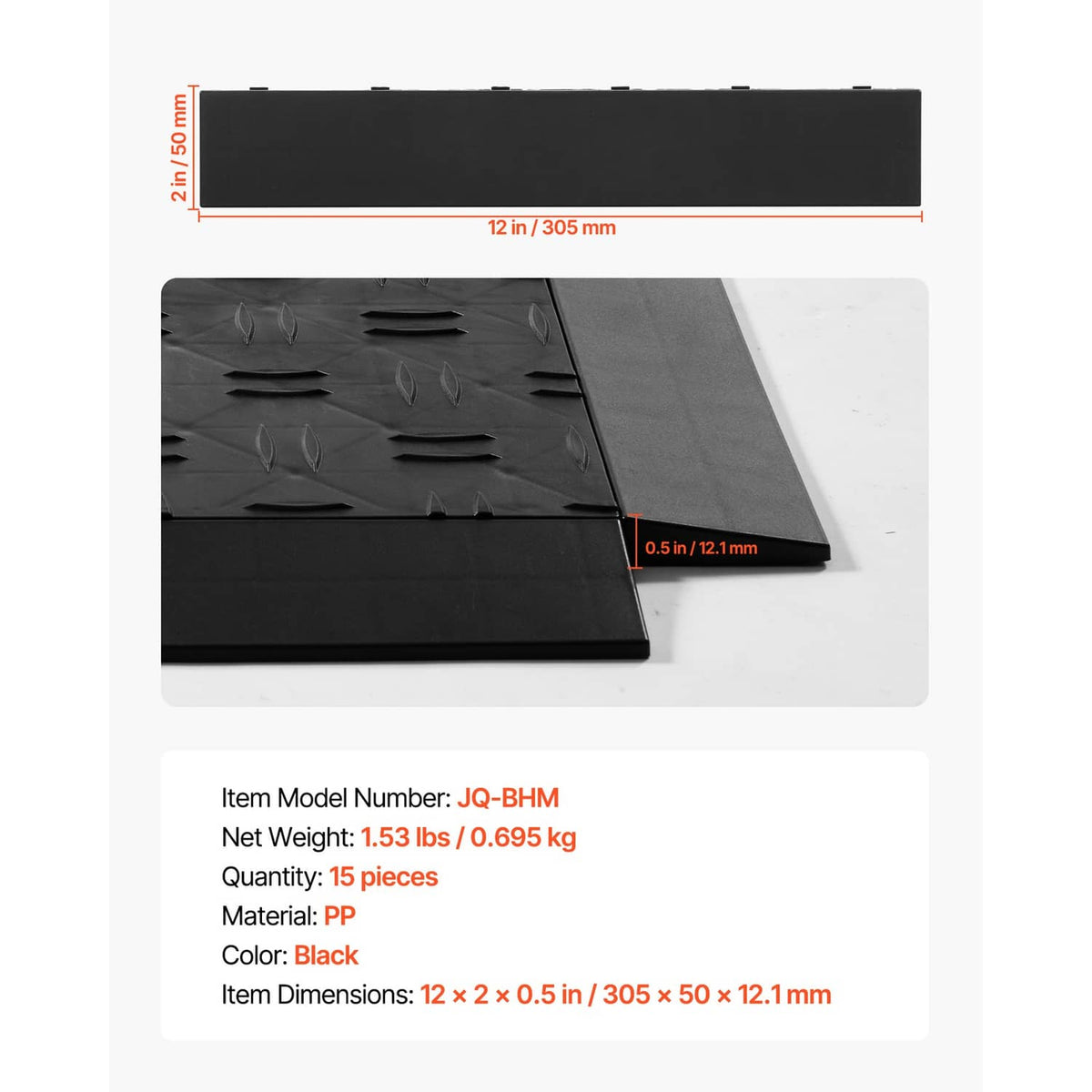 Black interlocking tile edge with embossed texture and thickness measurement labels