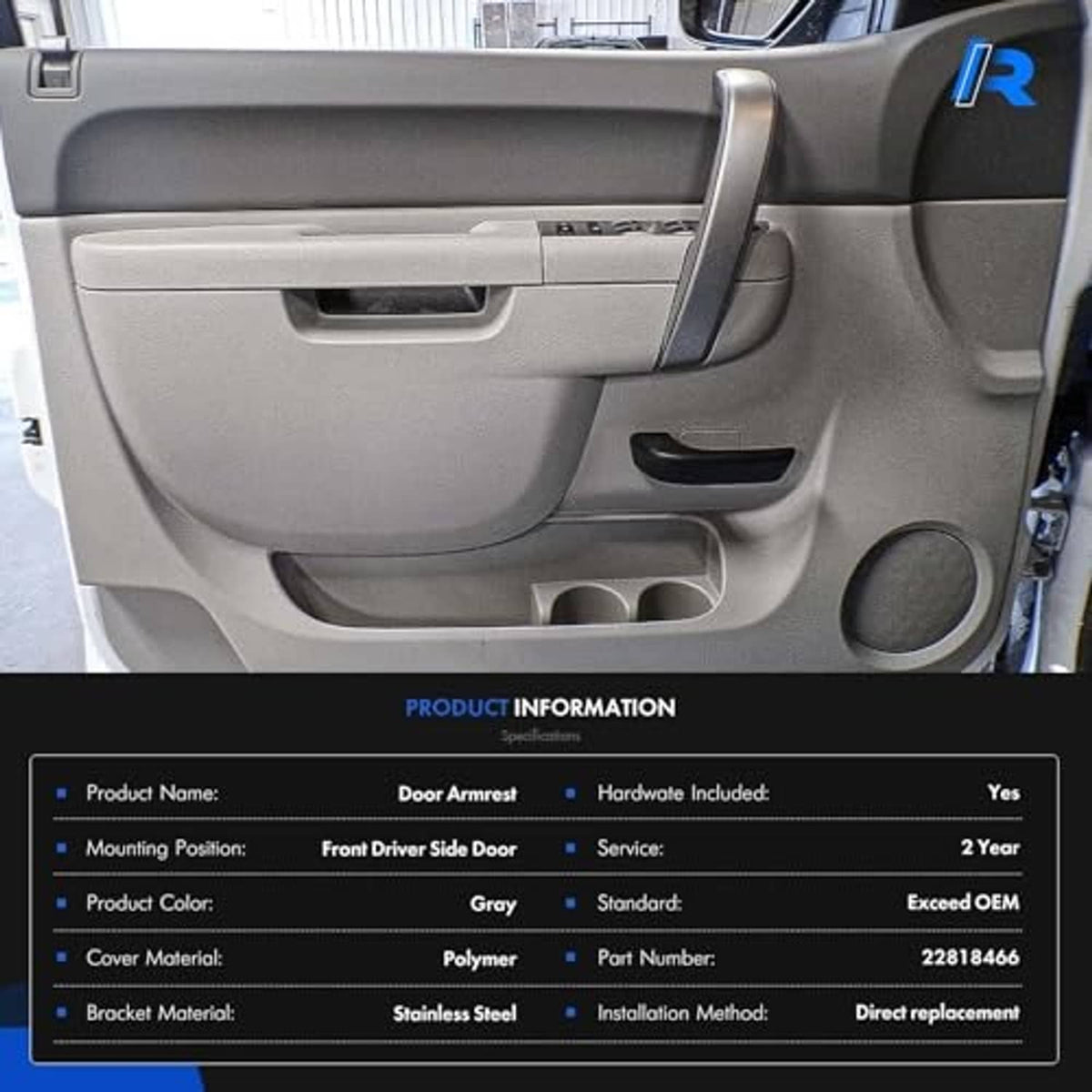 Installed gray driver-side front door armrest with product information panel