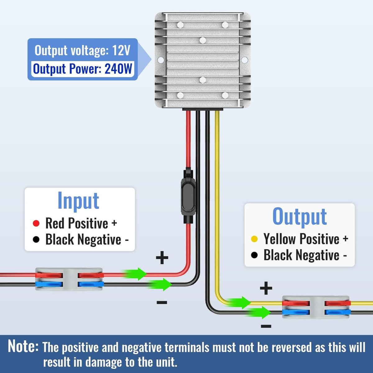 DC power converter with wiring terminals: red positive, black negative, yellow positive