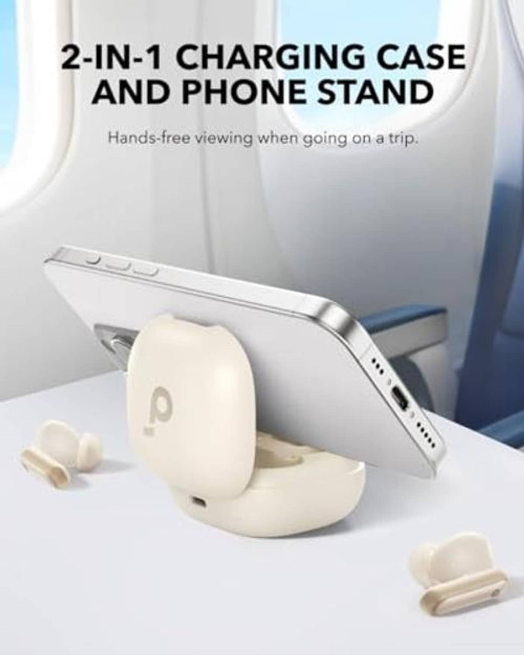 Oat-white charging case doubles as a phone stand for wireless earbuds.