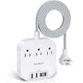 White power strip with three AC outlets, USB-A ports, and braided 6 ft cord