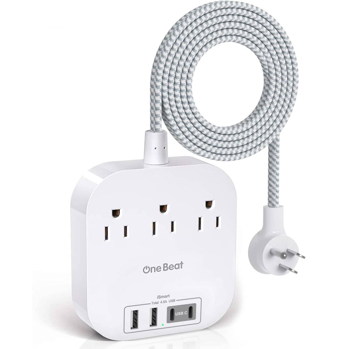White power strip with three AC outlets, USB-A ports, and braided 6 ft cord