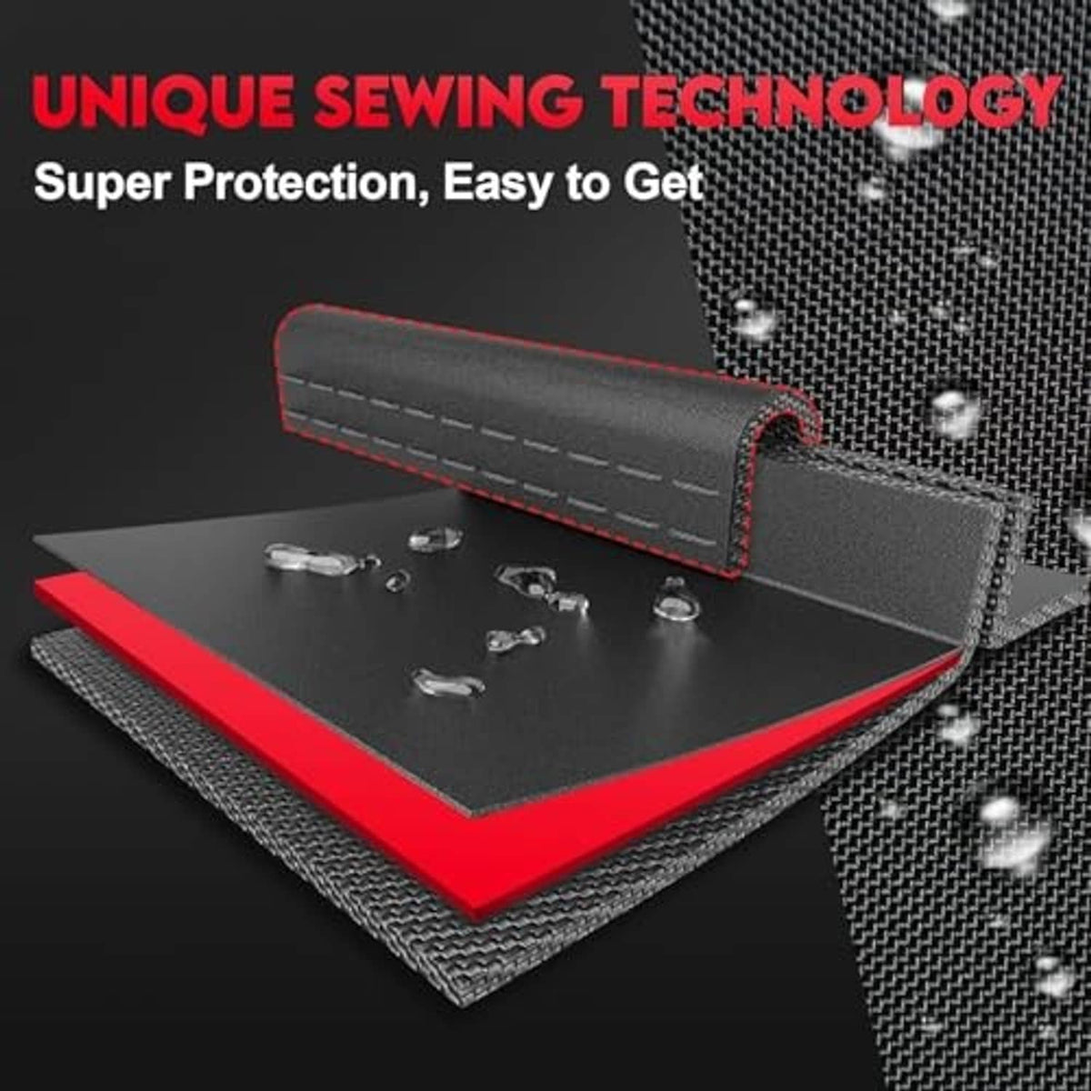 Black RV tire cover material layers with red-trim stitching and reinforced edges