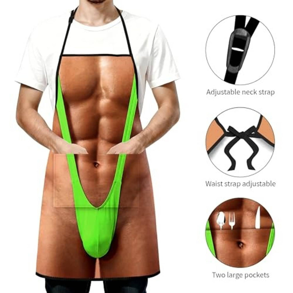 Novelty cooking apron with adjustable neck strap, adjustable waist strap, and large front pockets
