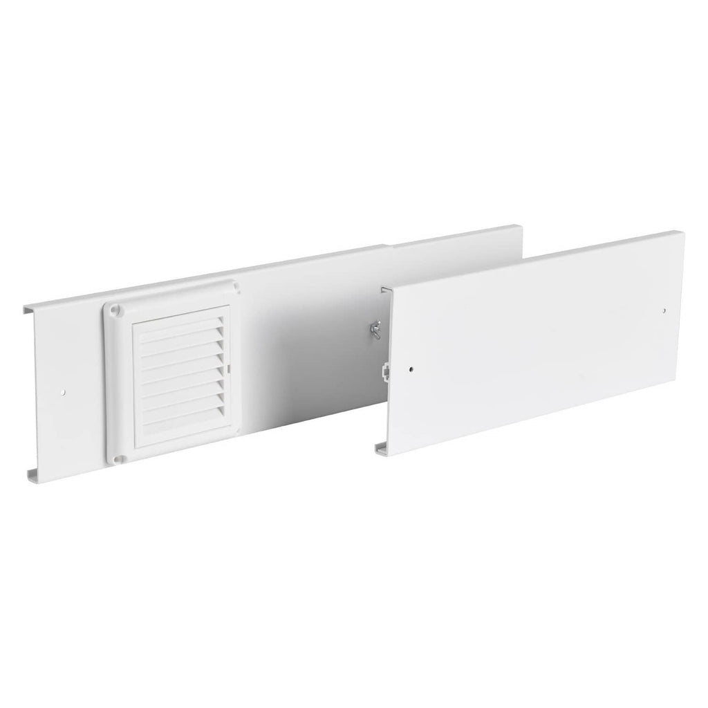 Dryer vent window kit with adjustable white panels and louvered vent opening