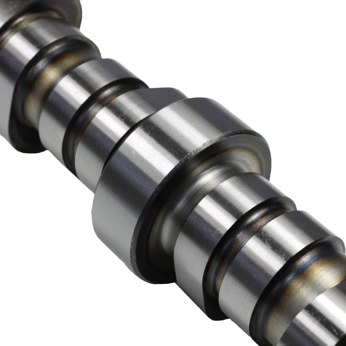 Engine camshaft with machined metal journals and raised lobes