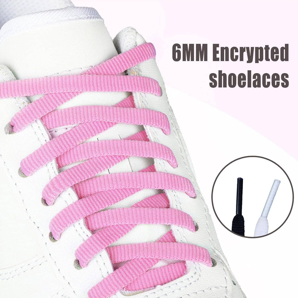 Pink flat encrypted shoelaces, 6mm wide, shown threaded through sneaker eyelets