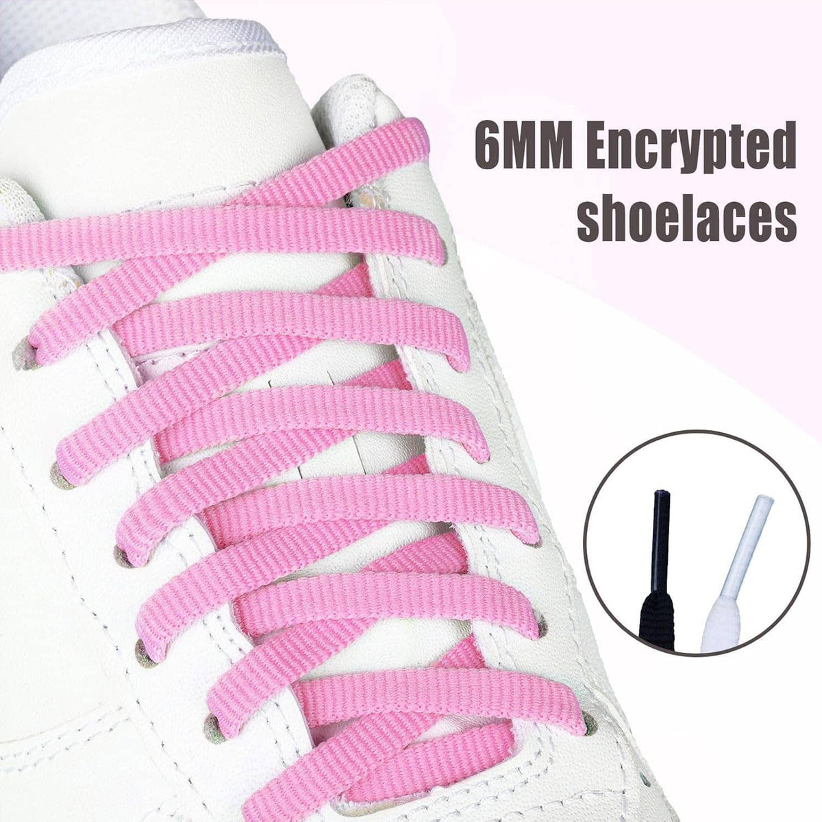 Pink flat encrypted shoelaces, 6mm wide, shown threaded through sneaker eyelets