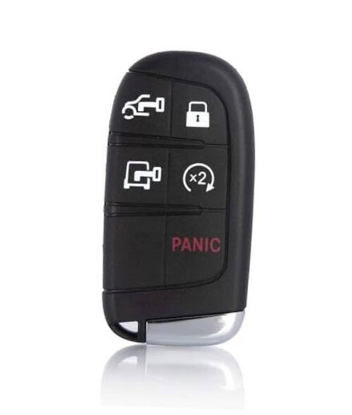 Black smart key fob with lock, unlock, remote start, and red panic button