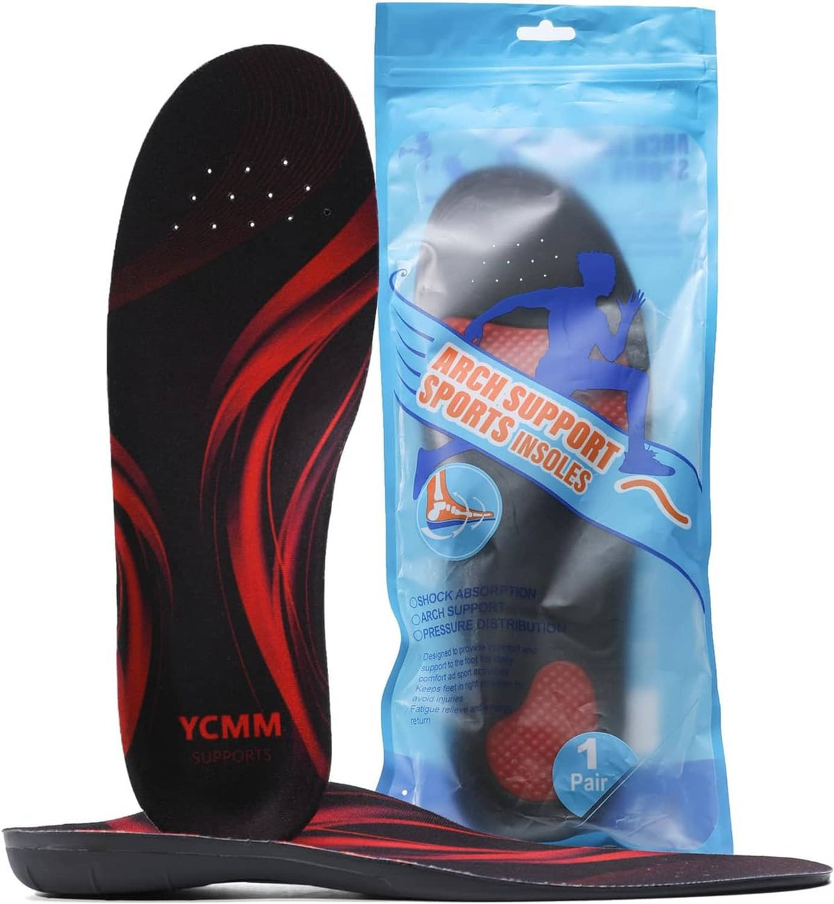Arch support orthotic insoles with red textured cushion pads; comes with package