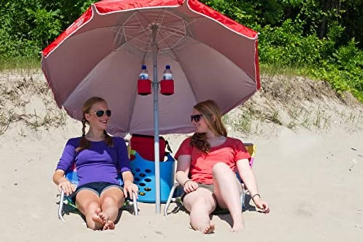 Royal blue portable sun shade umbrella with gray fringe on tripod stand