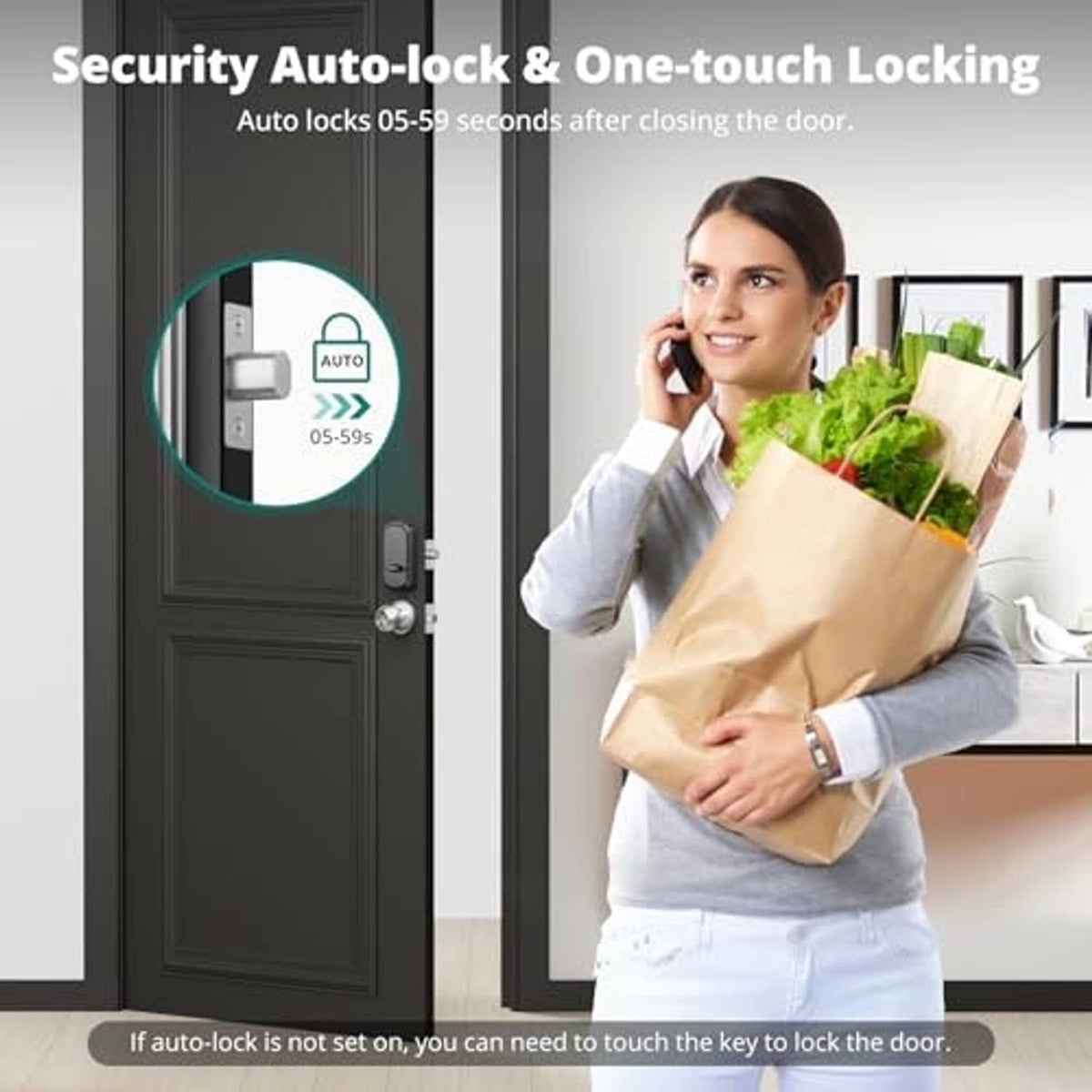 Satin nickel keypad door lock with fingerprint sensor and lock/unlock control