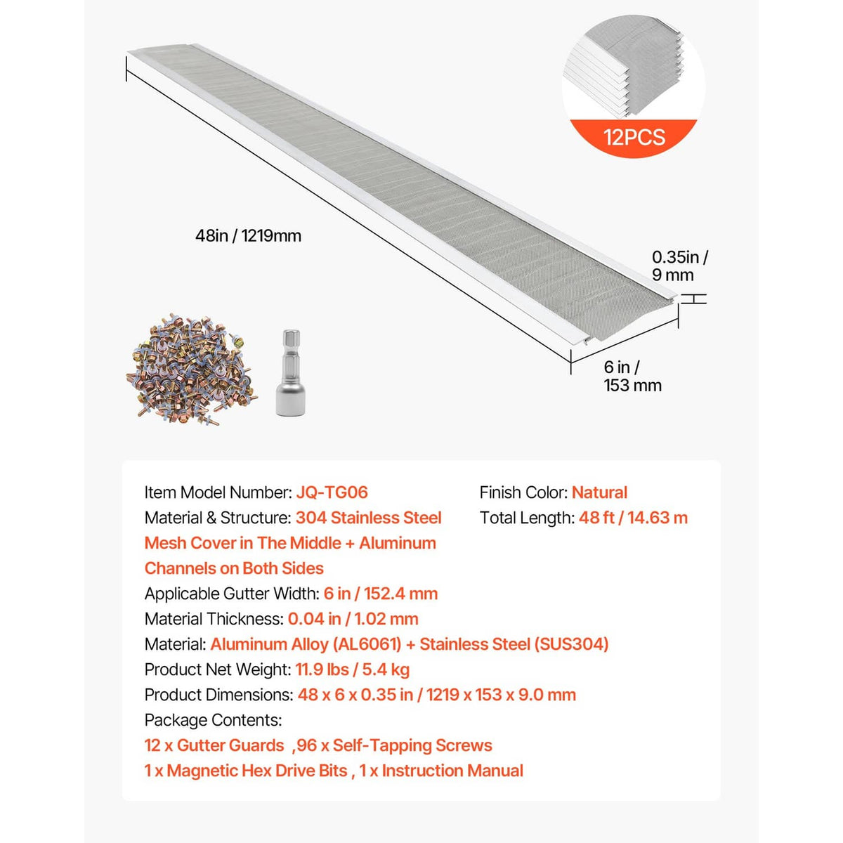 Rectangular 6 in gutter leaf guard cover with steel mesh, included screws and hex drive bits