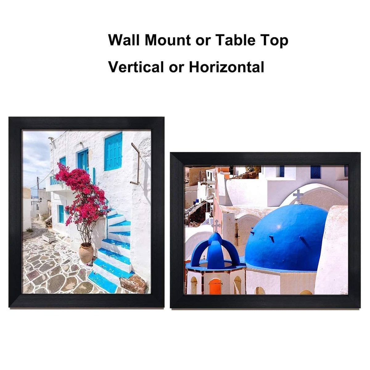 Black 8x10 photo frames in wall and tabletop orientations
