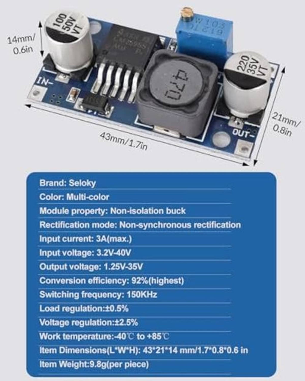 Regulator module size diagram with labeled input, output, and voltage conversion range