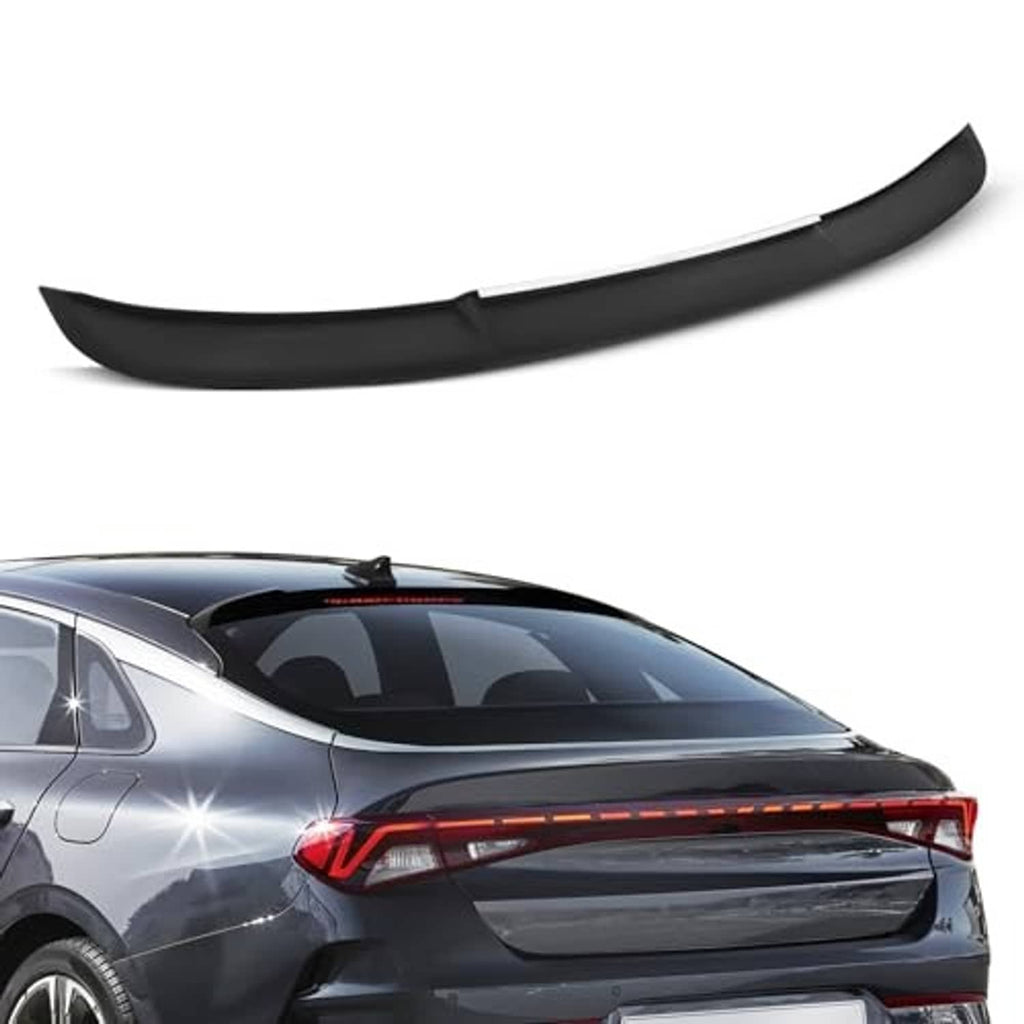 Glossy black roof spoiler with curved edge, shown from rear angle