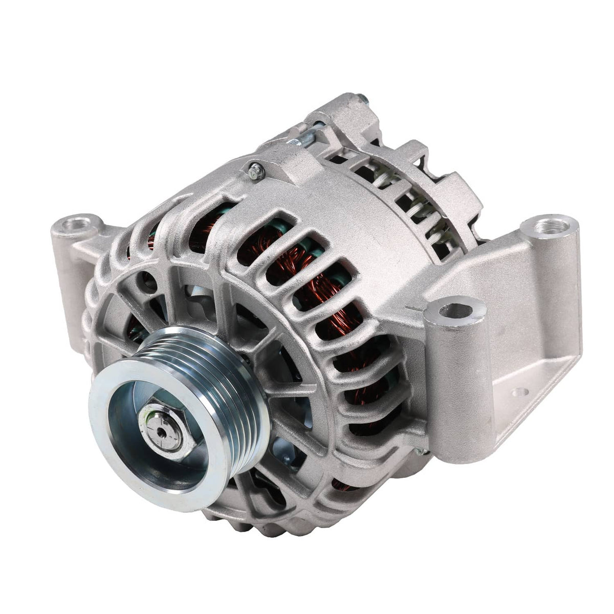 Automotive alternator side view with pulley belt rim and vented casing