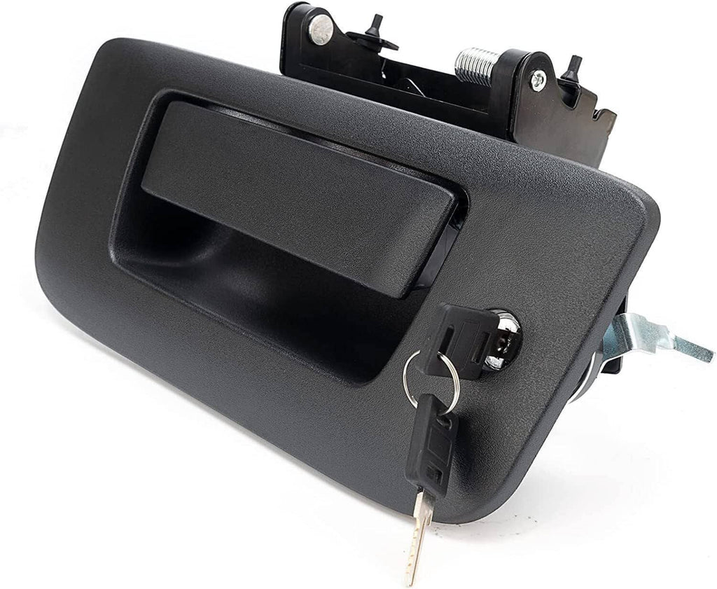 Black tailgate lock handle with key cylinder and metal keys attached