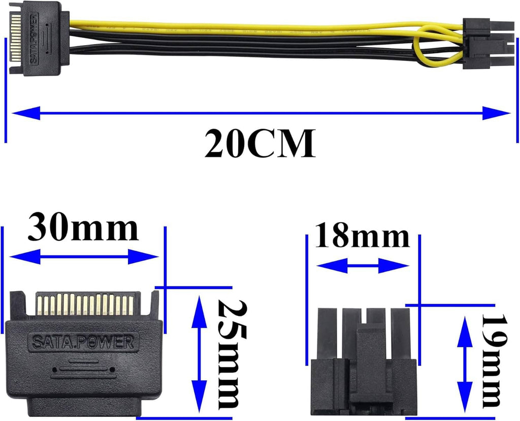 20cm SATA 15-pin to PCIe 8-pin (6+2) power adapter cable, connector sizes shown