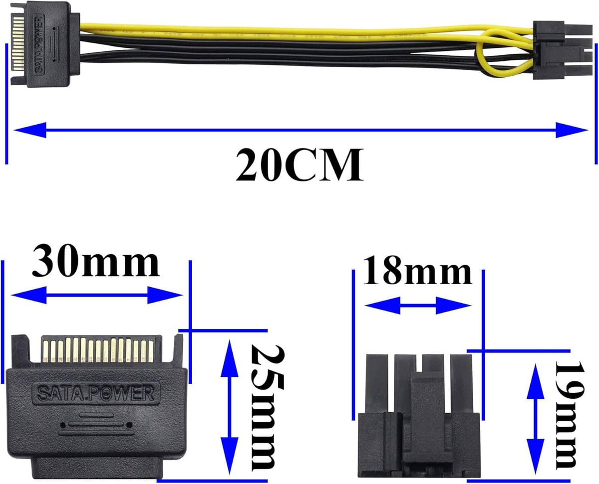 20cm SATA 15-pin to PCIe 8-pin (6+2) power adapter cable, connector sizes shown