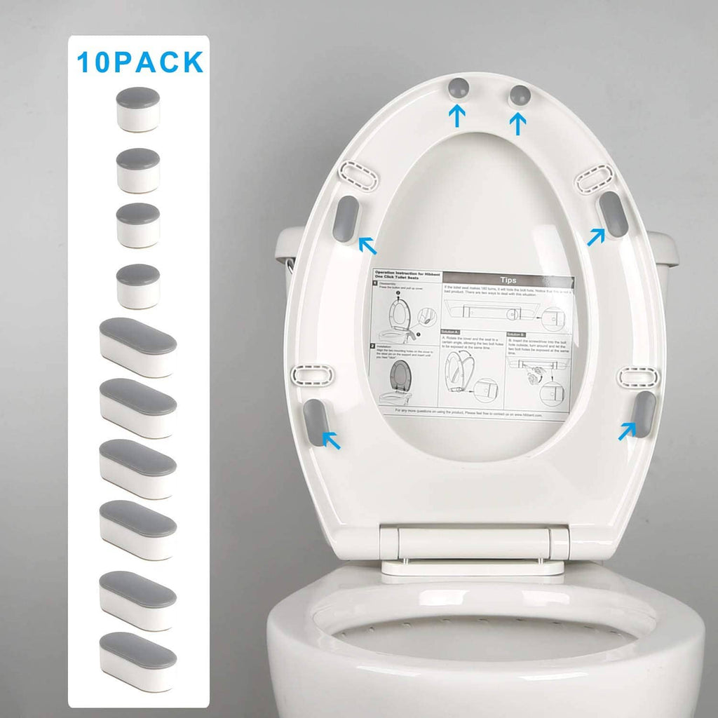 10-pack toilet seat bumpers, gray pads on white bases for universal lid cushioning