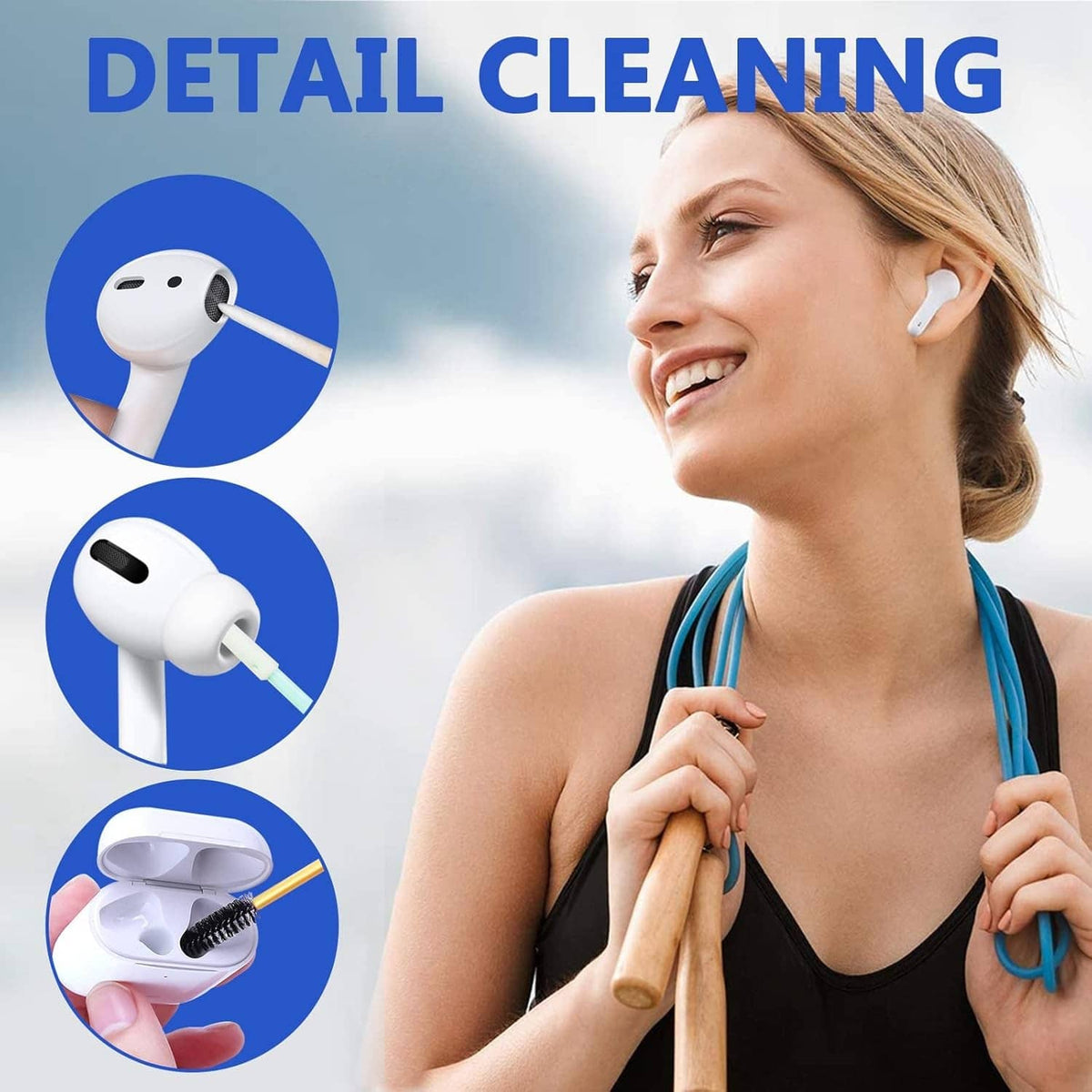 Detail cleaning kit for earbuds and small ports with brush and cotton swab