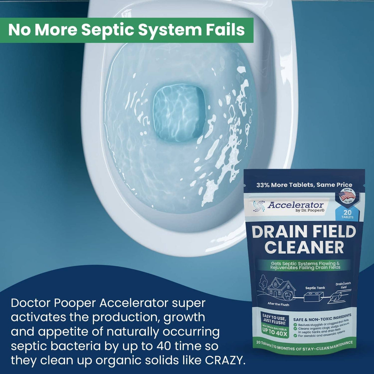 Drain Field Cleaner package beside toilet bowl with visible bubbling water