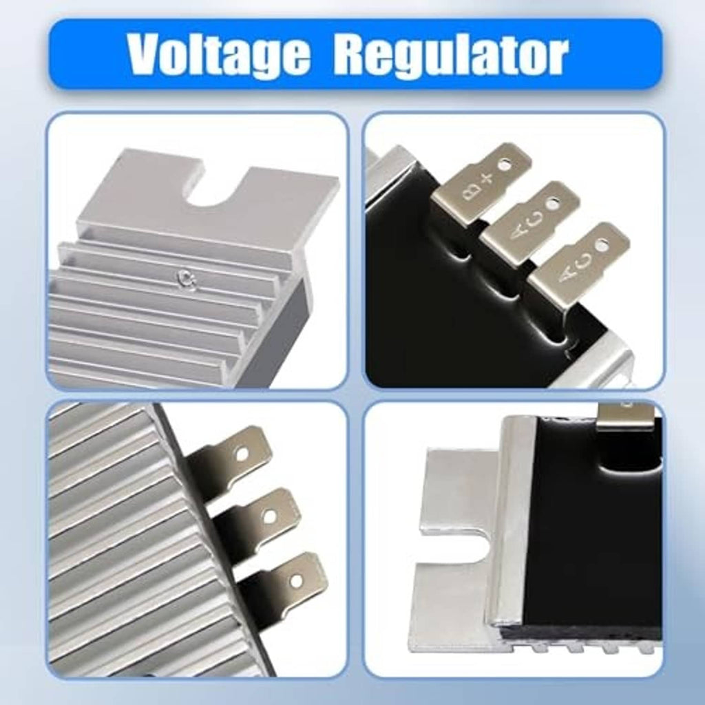Silver finned voltage regulator rectifier with black base and three blade terminals