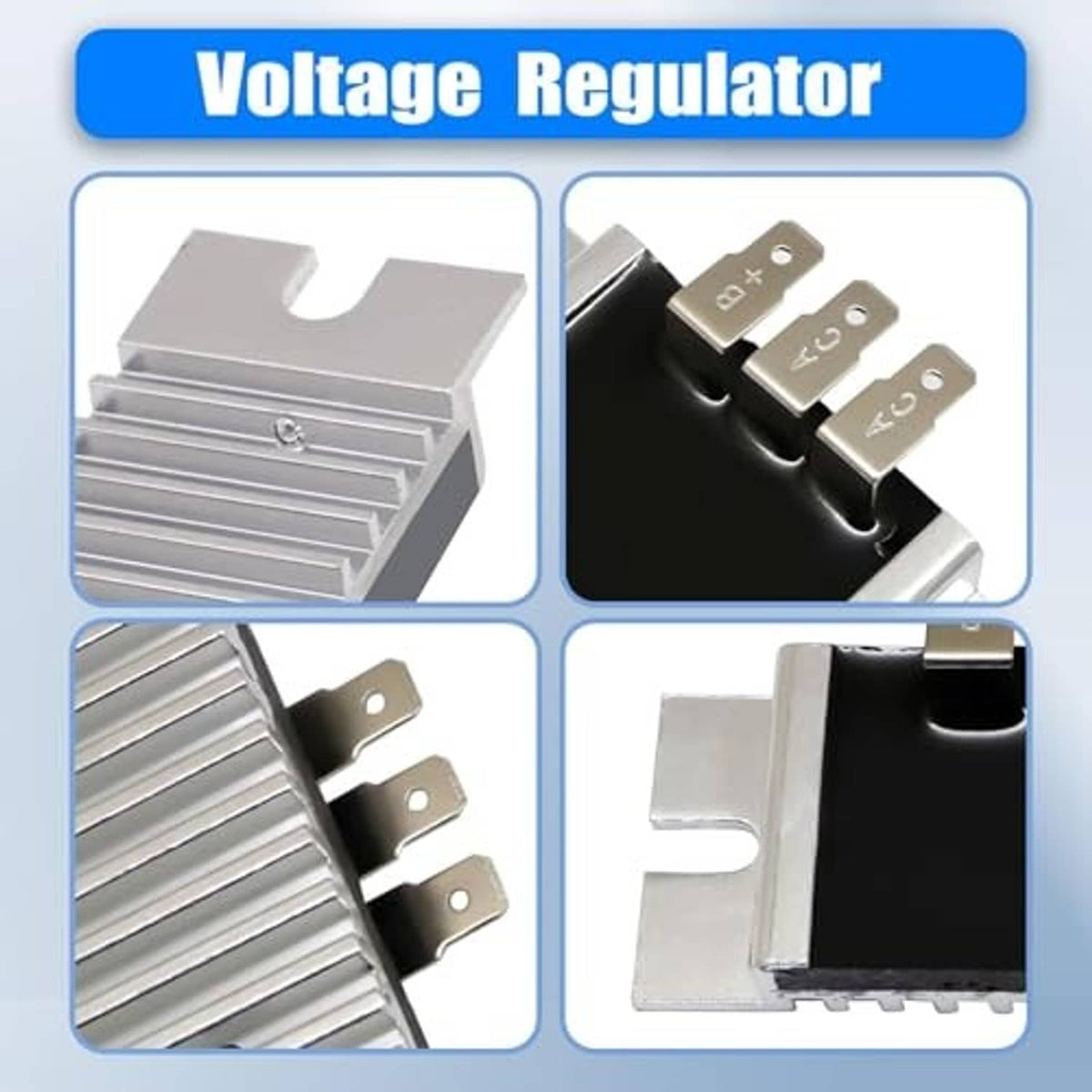 Silver finned voltage regulator rectifier with black base and three blade terminals