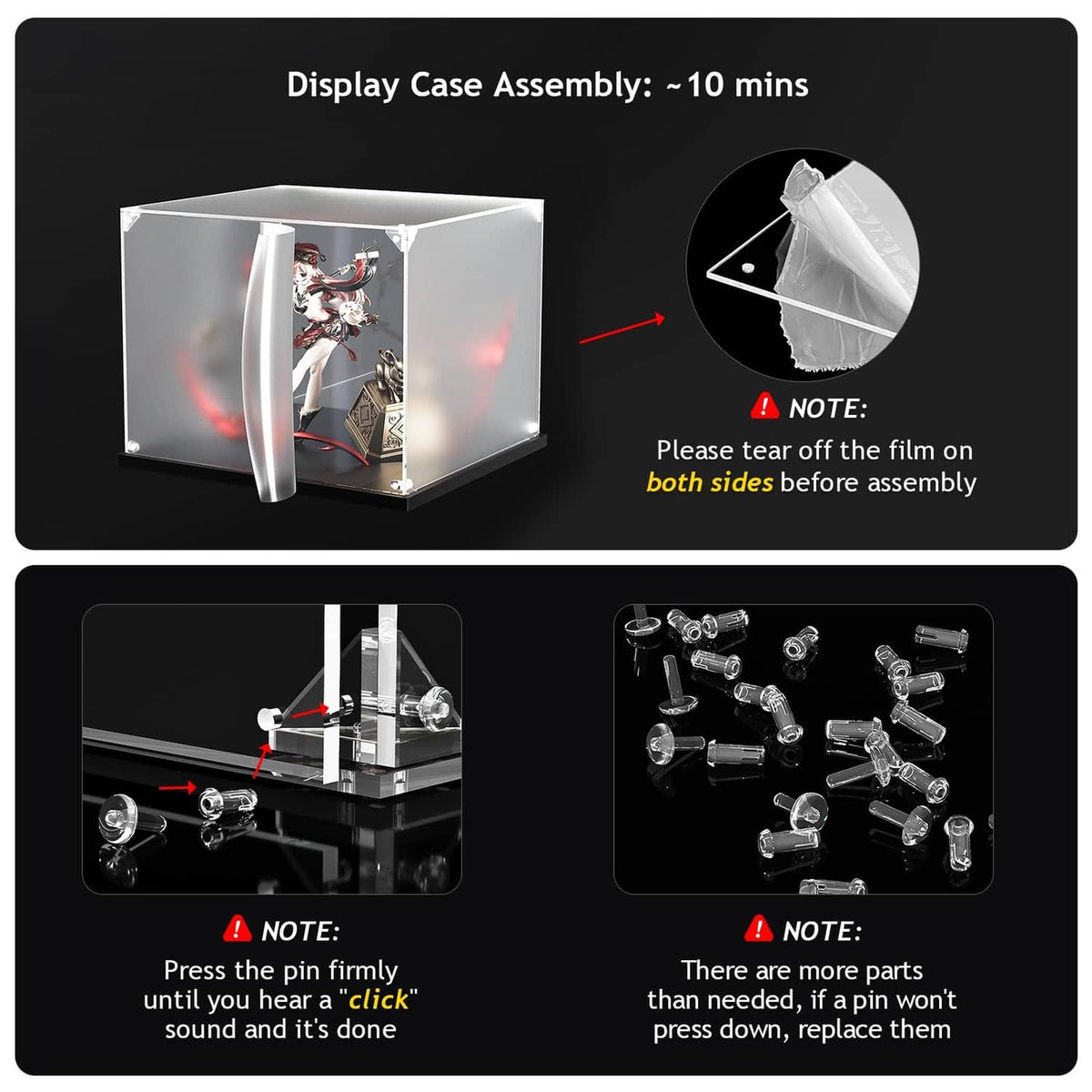 Acrylic display case assembly with clear panels and connecting pins