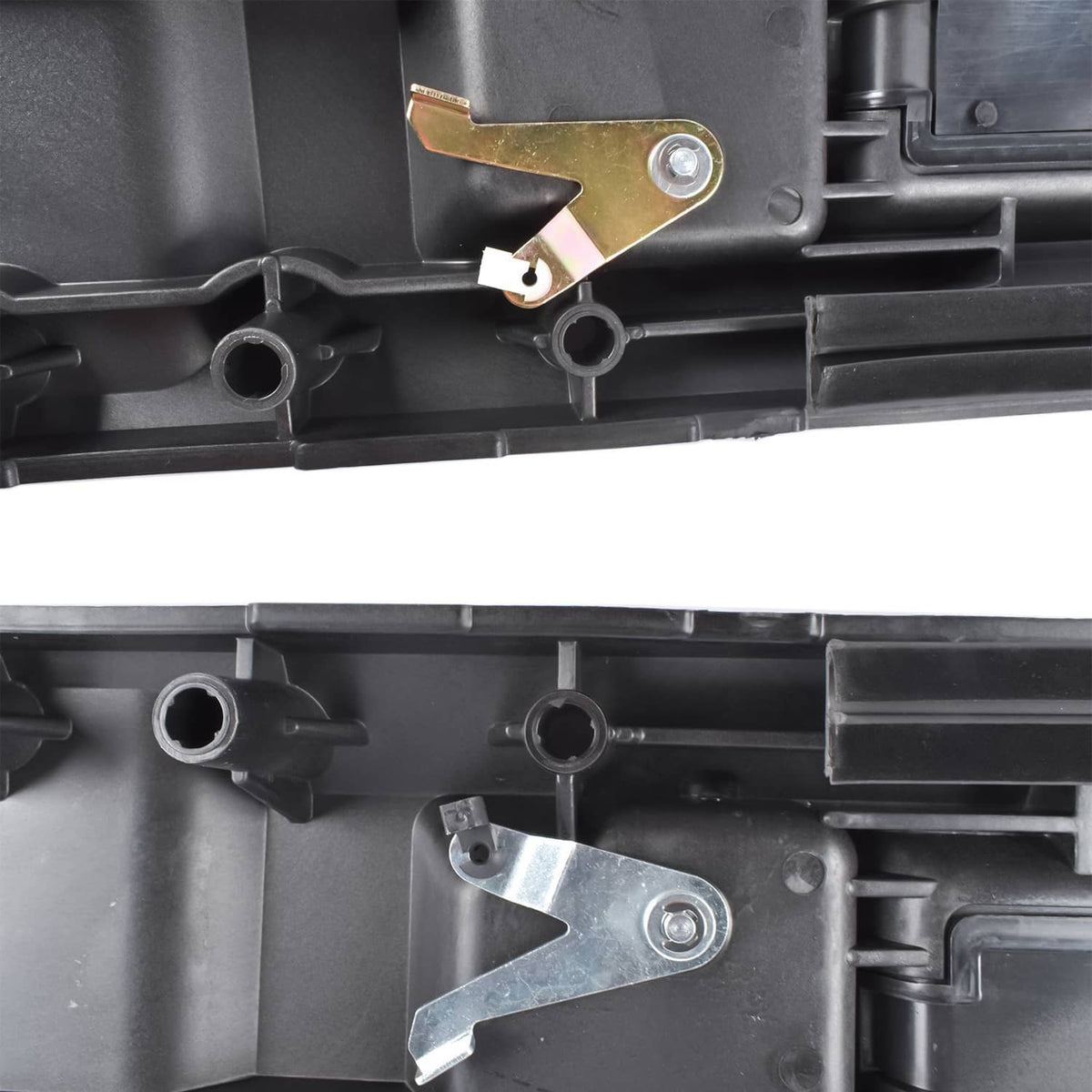 Close-up dark gray interior handle panel with metal latch strap and screws