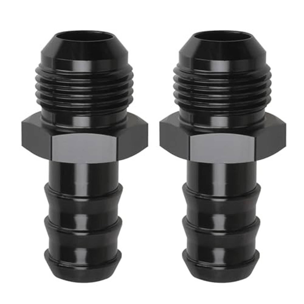 Pair of black straight hose barb fittings with hex grips and threaded male end