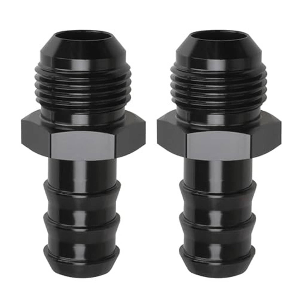 Pair of black straight hose barb fittings with hex grips and threaded male end