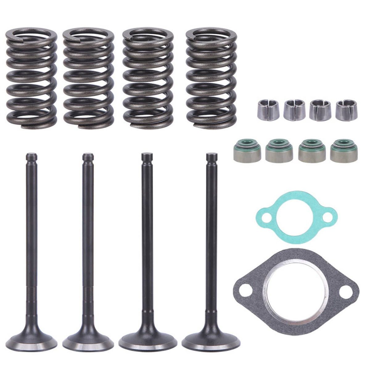 Valve train parts kit with four valve springs, guide sleeves, and gaskets
