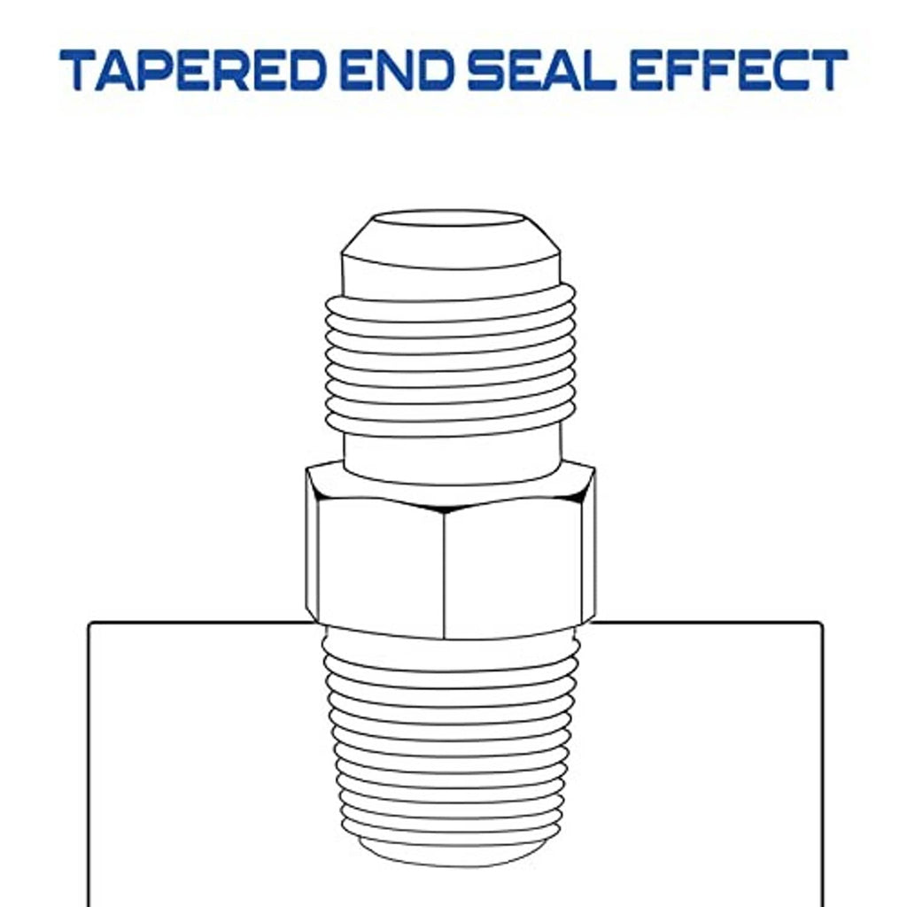 Tapered end seal adapter illustration showing sealed threads and connection