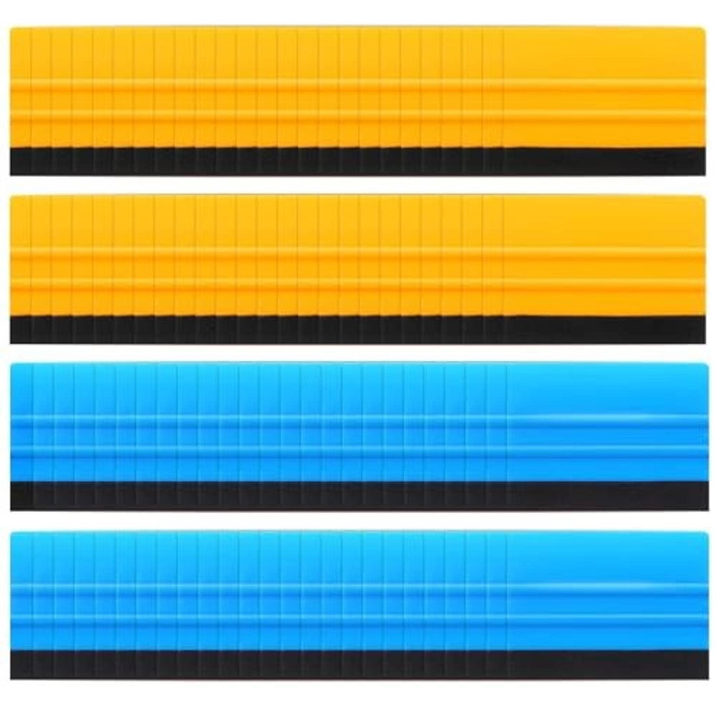 Vinyl decal squeegee pads with felt edge in yellow, orange, and blue bars