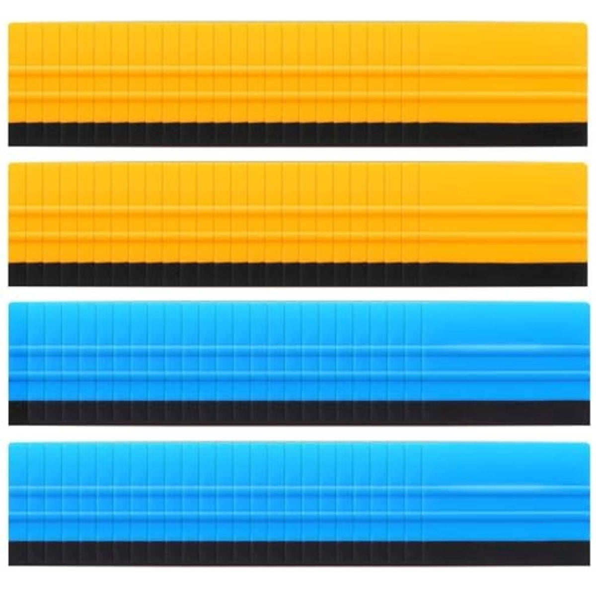 Vinyl decal squeegee pads with felt edge in yellow, orange, and blue bars